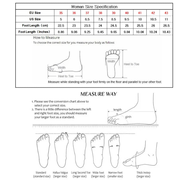 Women's shoe size chart with EU and US sizes, foot measurement guide, and foot shape illustrations.