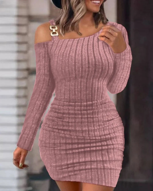 Shoulder Long Sleeve Bodycon With Metal Buckle Slim Fit Mini Dress