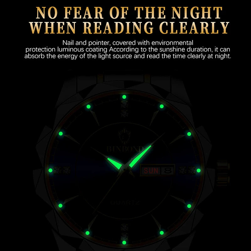 Reloj de lujo de cuarzo luminoso de acero inoxidable