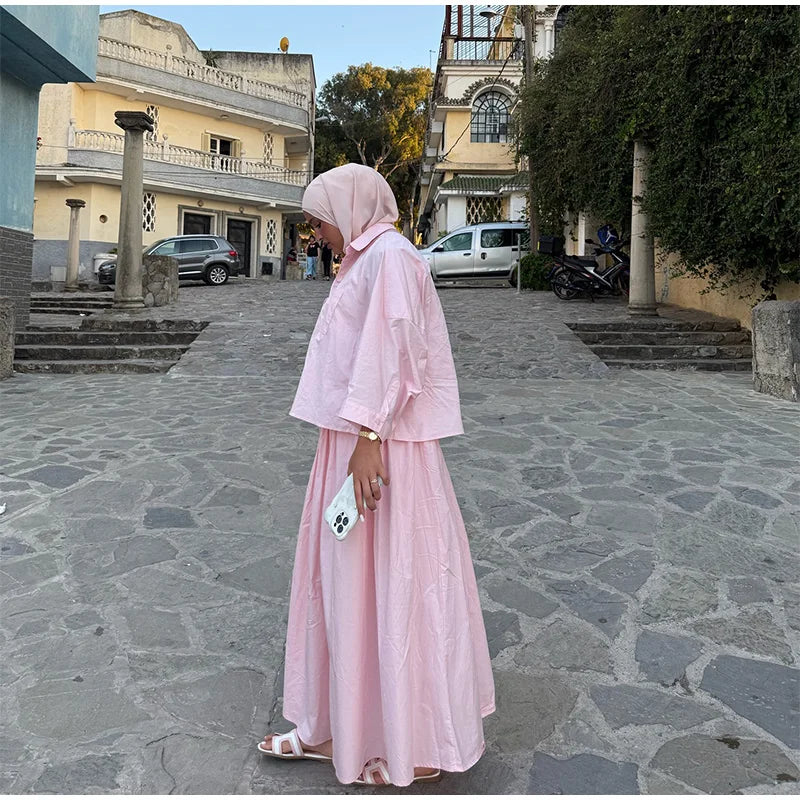 طقم بلوزة بأكمام كاملة وصدر واحد مع تنورة طويلة فضفاضة