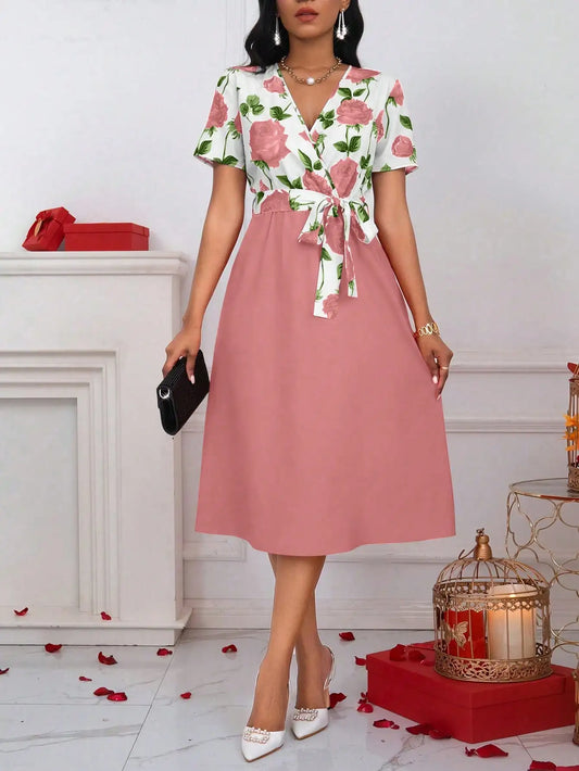 Floral Print V-Neck Tie Waist Midi Dress