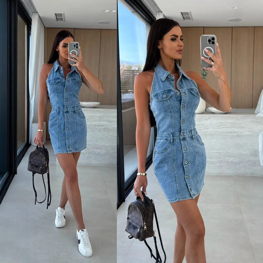 Low-cut Collar Single-breasted Button-down Dress