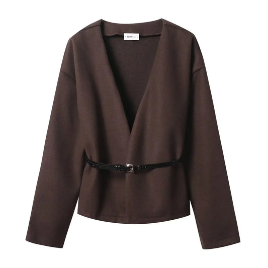 Soft Belted Wrap V-neck Long Sleeves Jacket