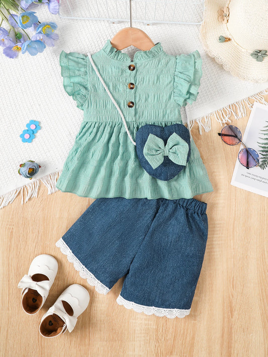 Baby Girl Small Round Neck Ruffle Short Sleeve Set