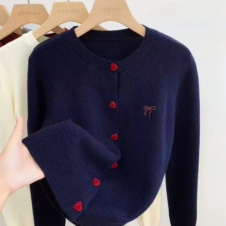 Cardigan Bow O-Neck Heart-shaped Button Sweater