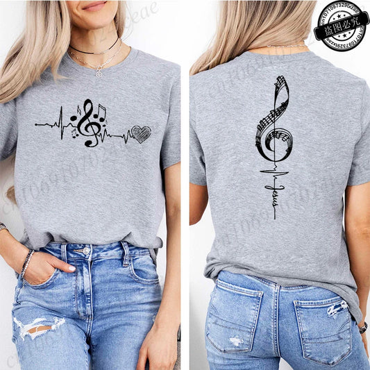 Musical Notes Printed Heartbeat Music Graphic Tee Shirts