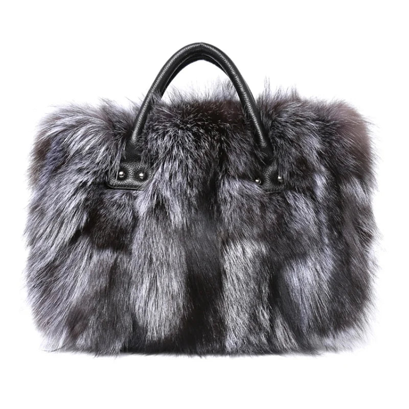 Real Fox Fur Large Size Plush Crossbody Luxury Handbags Fluffy Tote Bag