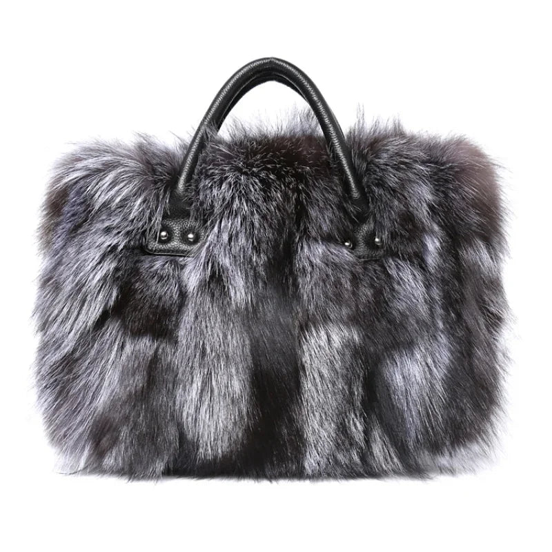 Real Fox Fur Large Size Plush Crossbody Luxury Handbags Fluffy Tote Bag