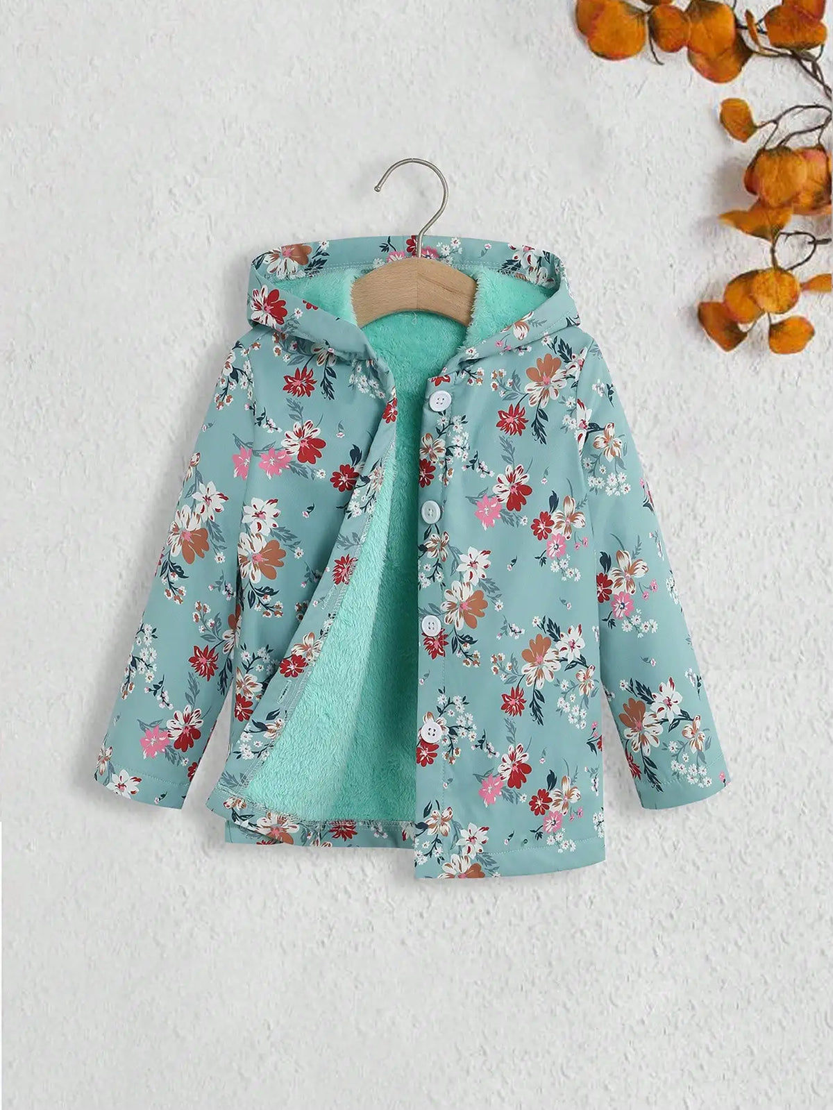 Fall/Winter Girls' Fleece Hooded Single-Breasted Floral Print Coat