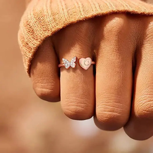 Butterfly diamond custom letter rose gold ring