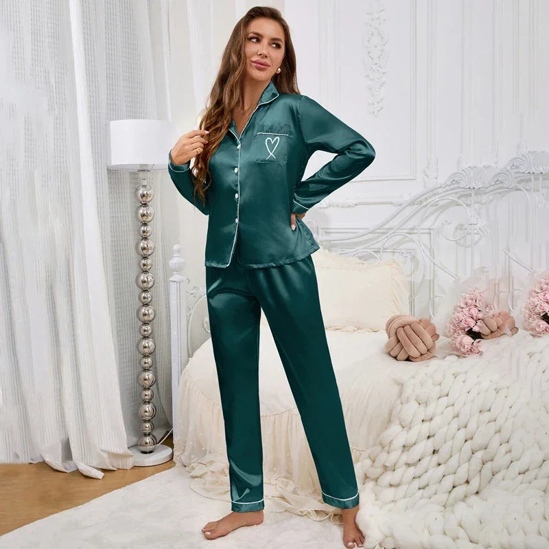 Satin Long Sleeve Pocket Heart-shaped Pyjama Set