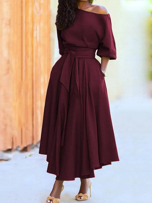 Slanted Shoulder Collar Tie maxi dress S-2XL Size