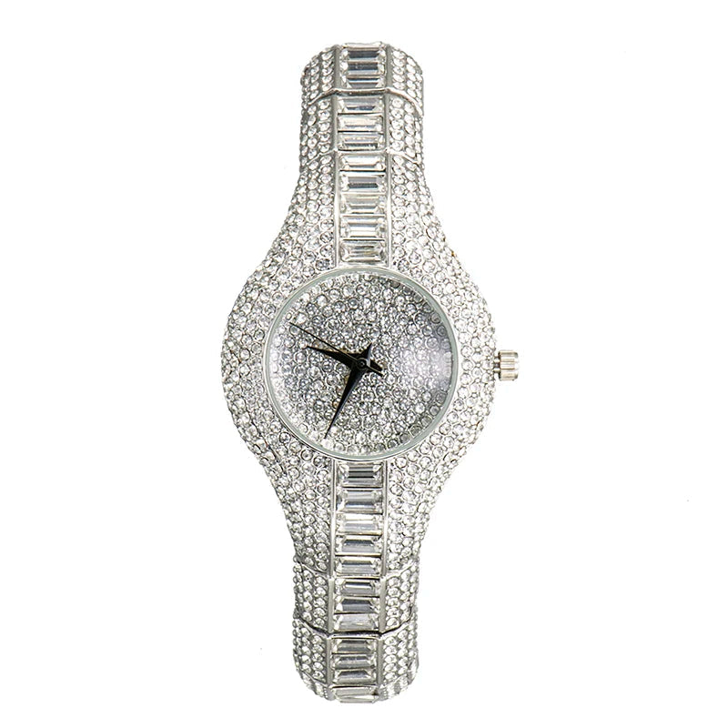 Baguette Diamond Luxury Gold Wristwatch Shockproof Waterproof Small Watch