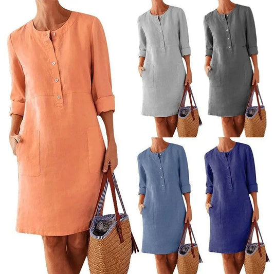 Casual Long Sleeve Cotton And Linen Tunic Dress