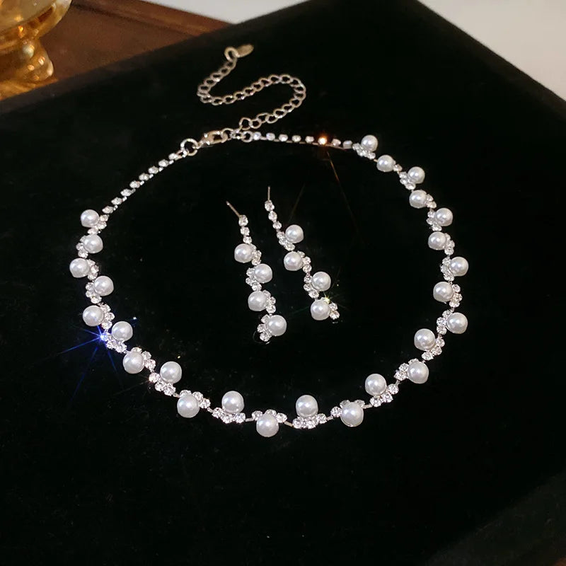 Rhinestone Pearl Rectangular Necklace Set
