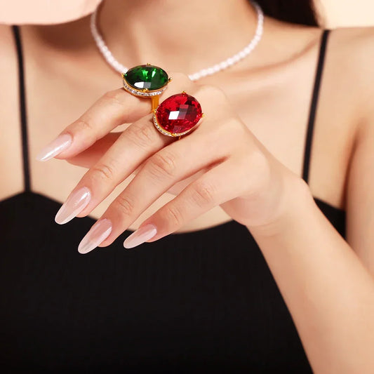 Big Oval Glass Stone Stainless Steel Rings