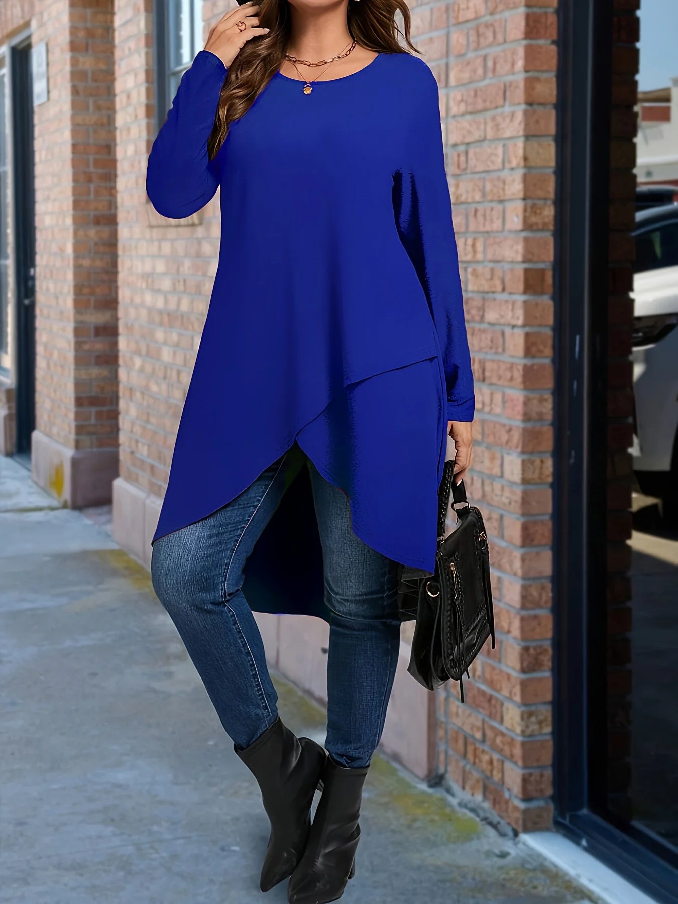 Plus Size Long Sleeve Elegant Crew Neck Asymmetrical Dipped T-shirt