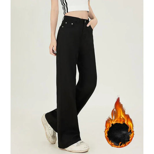 Fleece Thermal High Waist Straight Leg Jeans