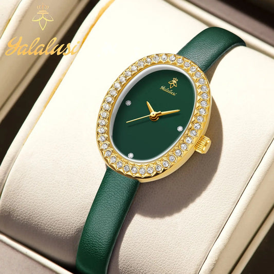 Water-Resistant Quartz A Luxurious Diamond-Set Leather Strap Bracelet Watch