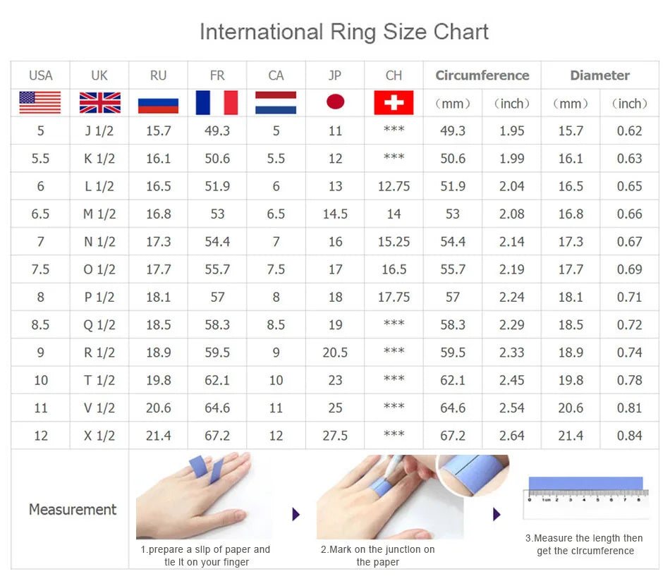 International ring size chart with USA, UK, RU, FR, CA, JP, CH sizes, circumference and diameter measurements, plus visual guide for measuring finger size.