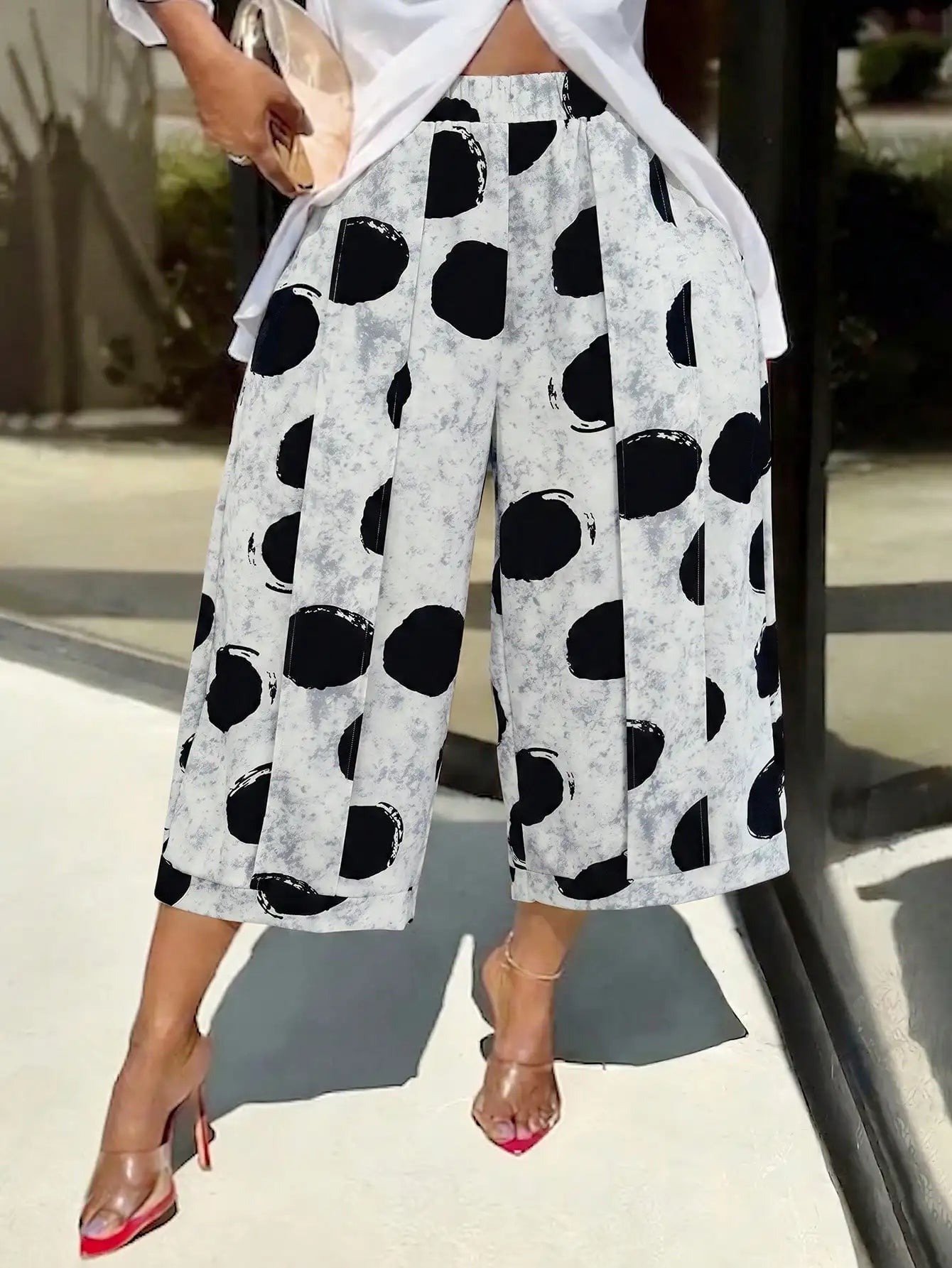 Polka Dot Wide Leg Crop Loose Fit Work Casual Pants