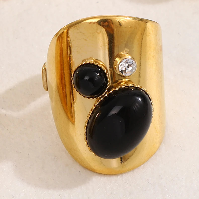 Retro Wide Stainless Steel Vintage Boho Natural Stones Zircon Rings