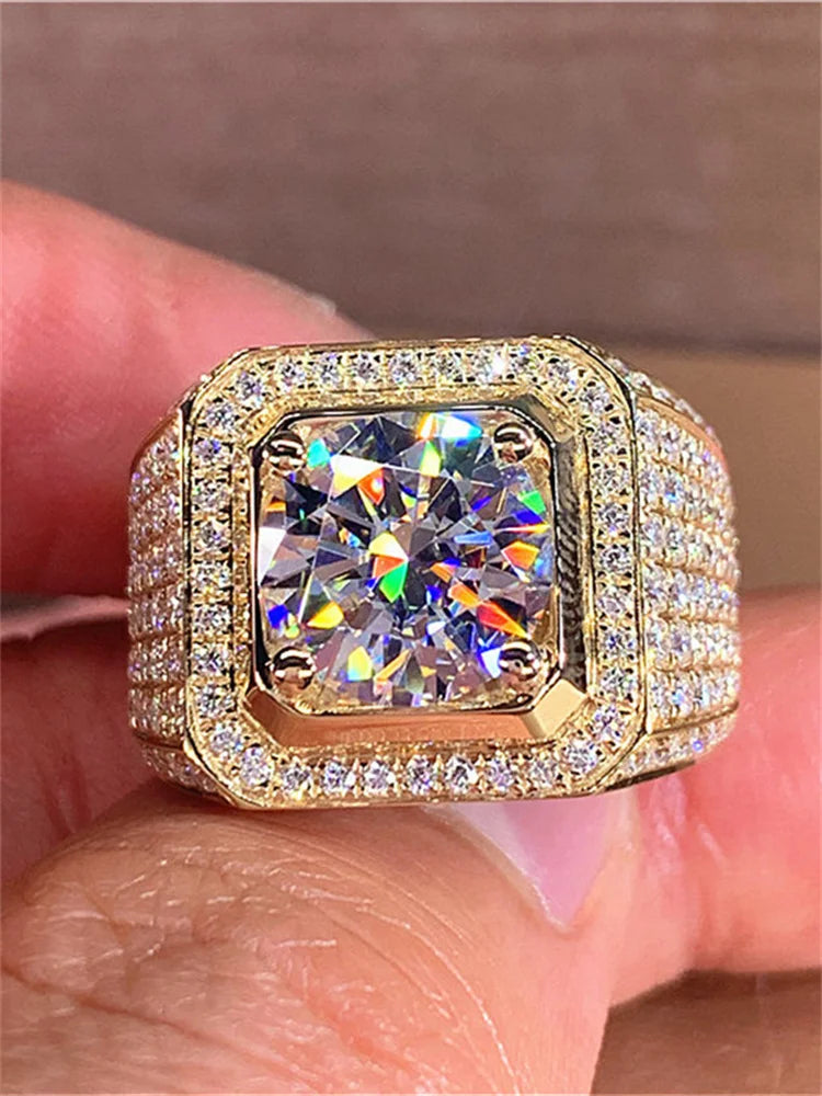 Shining White Zircon Round Stone Vintage Gold Ring Male