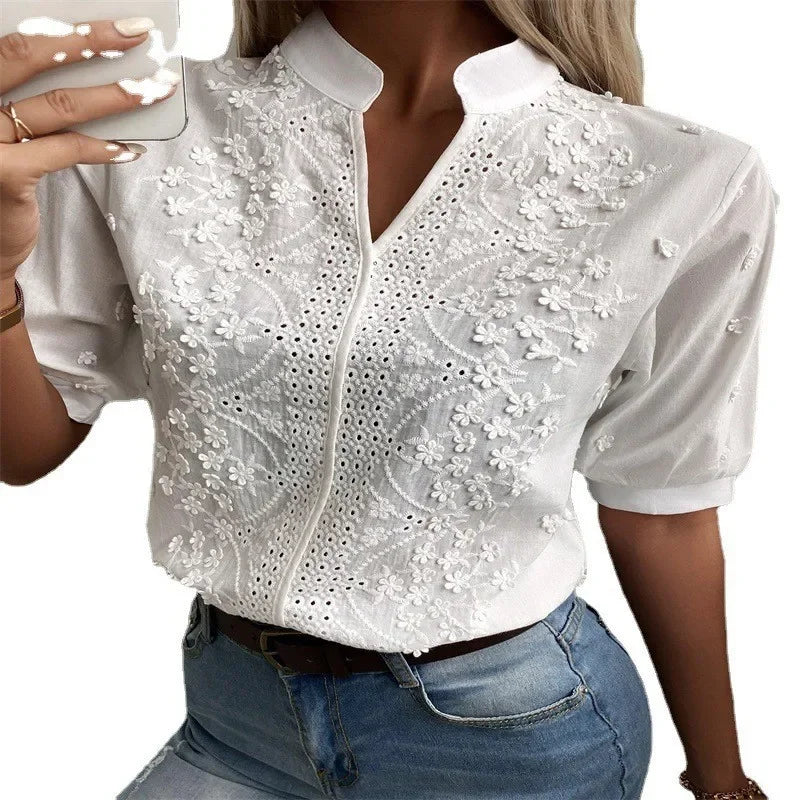 Elegant Short Sleeve White Crochet Blouses