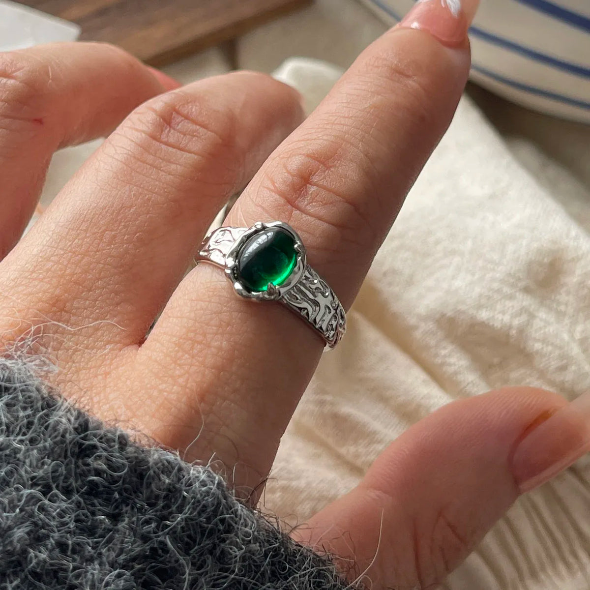 925 Sterling Silver Geometric Adjustable Wide Black Stone Retro Ring