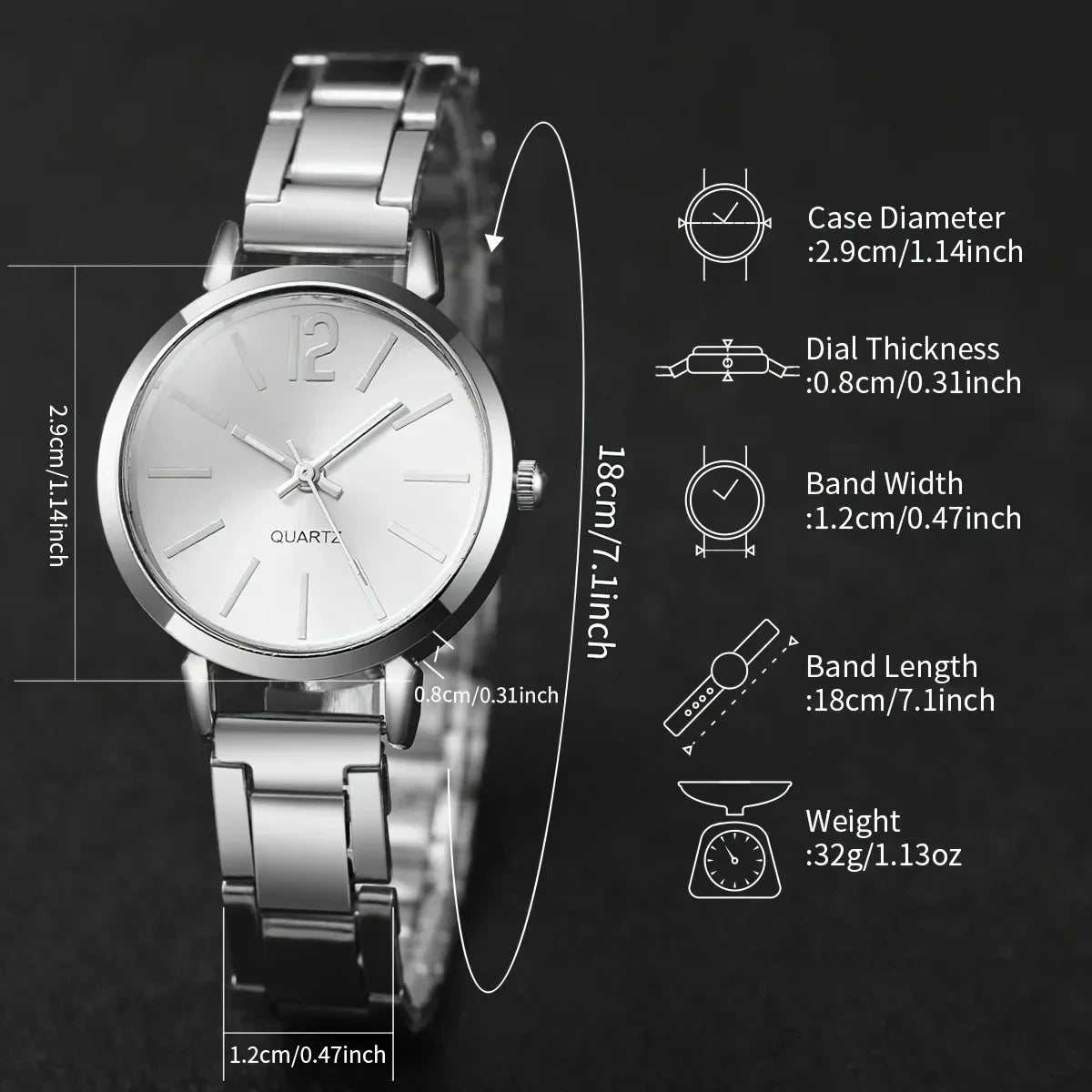 Silver quartz wristwatch on black background, with measurements and specifications labeled.