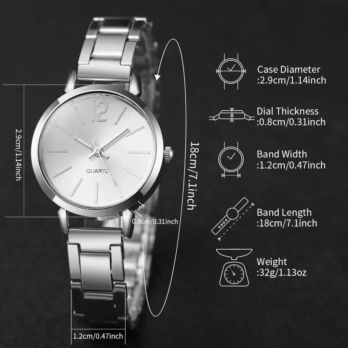 Silver quartz wristwatch with measurements, metal band, simple dial, and black background