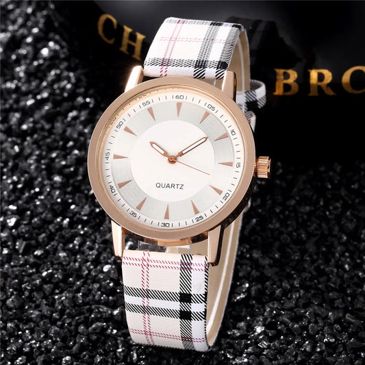 Vintage Plaid Leather Strap Quartz Wristwatches Watch