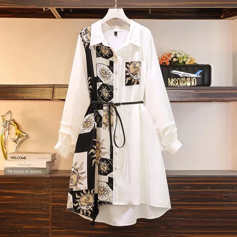 Vintage Print A-Line With Belt Loose Polo Neck Dress