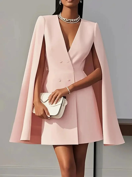 Double Breasted Waist Shawl Cape Sleeve Midi Dress