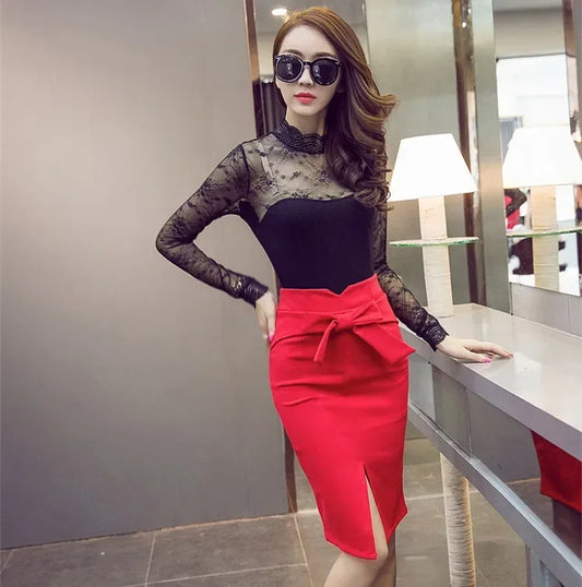 Knee Length High Waist Elegant Slit Bow Skirt