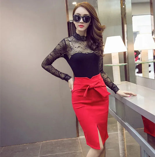 Knee Length High Waist Elegant Slit Bow Skirt