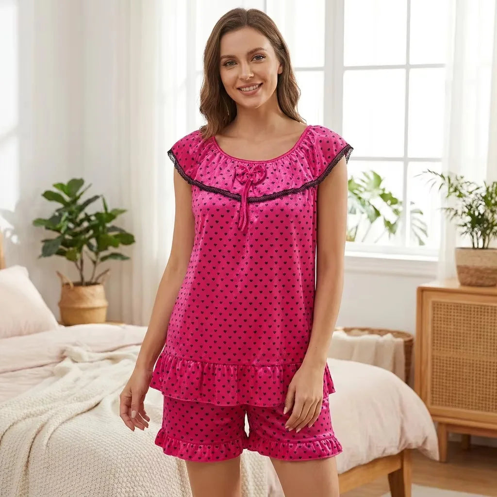 Heart Print Short Sleeve Round Neck Soft Shorts Sleepwear Pajama Set