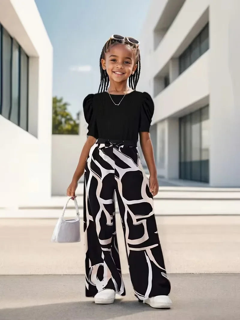 Green Puff Sleeve Ribbed Abstract Print Wide Leg Pants Set