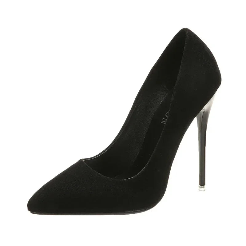 Classic black stiletto high heel pump with pointed toe on white background