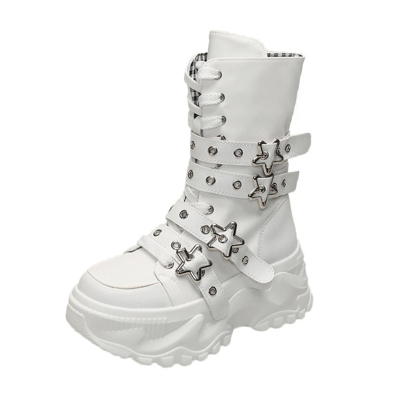 Platform Round Head Belt Buckle Locomotive Thick-soled Boots