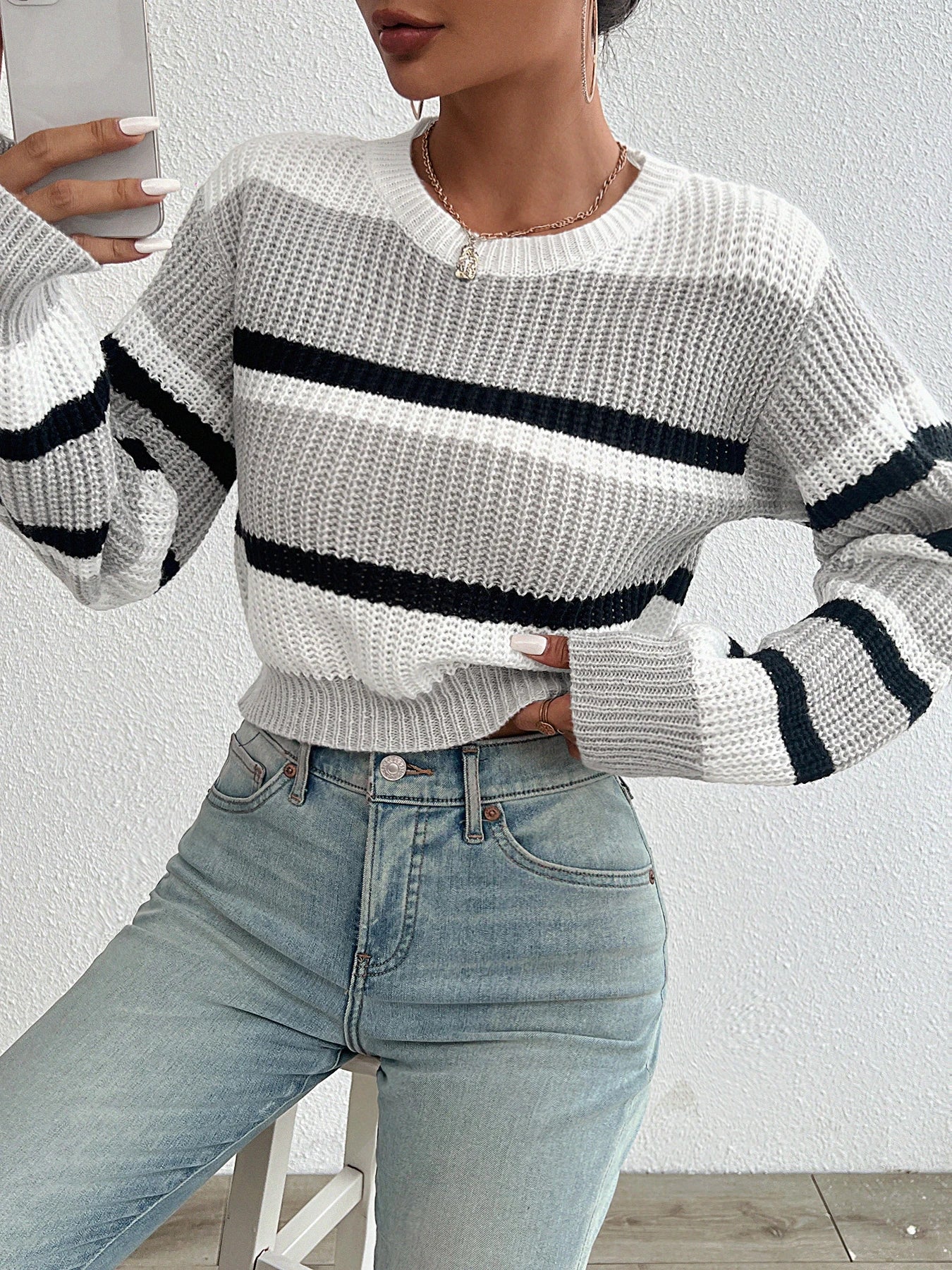 Loose drop shoulder round neck sweater