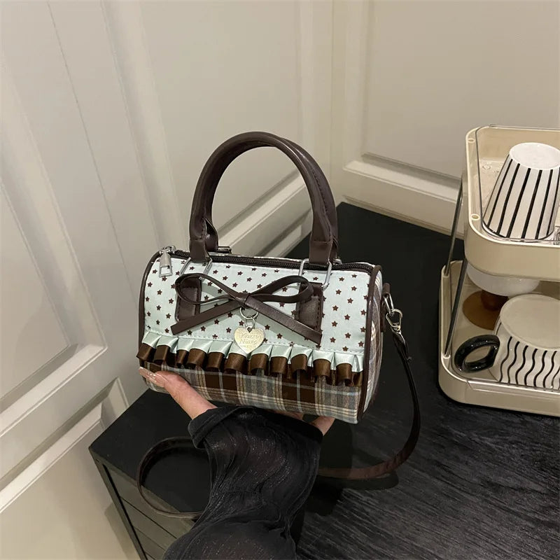 Retro Sweetheart Polka Dot & Plaid Hangbag Exquisite Wallet With Bow Lace Trim