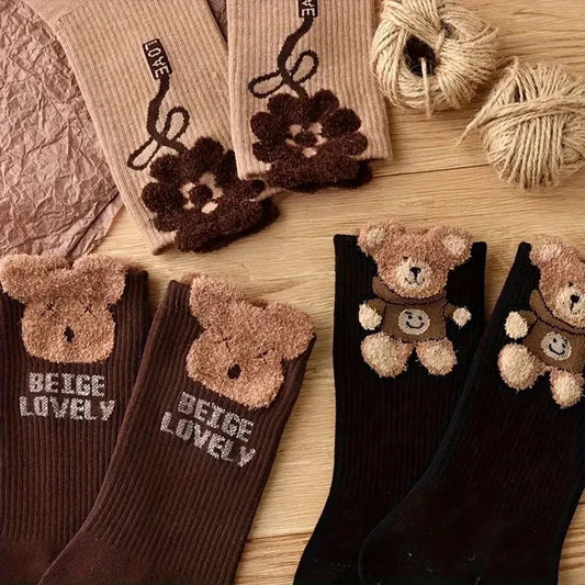 3 Pairs Cartoon Bear Pattern Mid Tube Socks