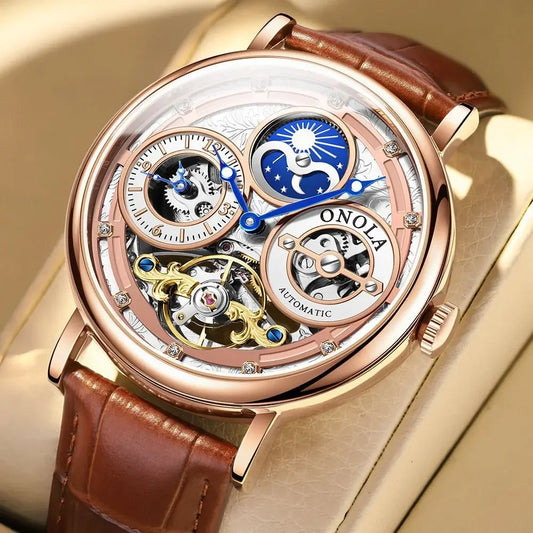 Automatic Movement Dual Time Zone Moon Phase Waterproof Tourbillon Mechanical Watch