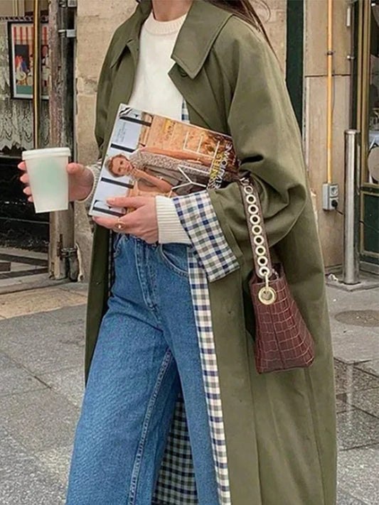 Plaid Lining Solid Trench Coat Single Breasted Long Sleeve Jacket