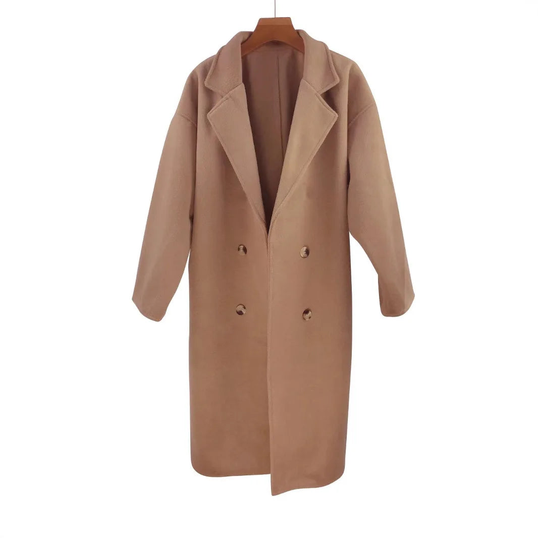 Woolen Versatile Korean Style Medium Length Long Sleeve Elegant Coat
