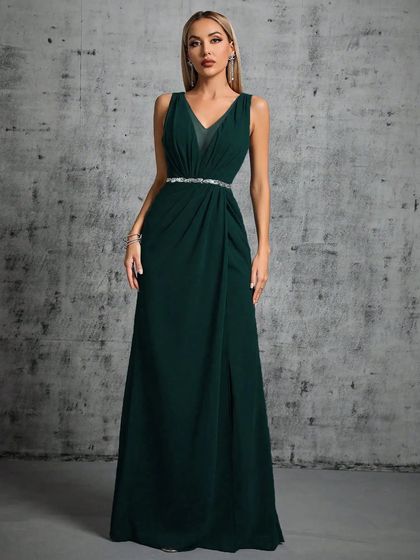 Mgiacy Shoulder silver sequin belt pleated chiffon slit skirt Dress