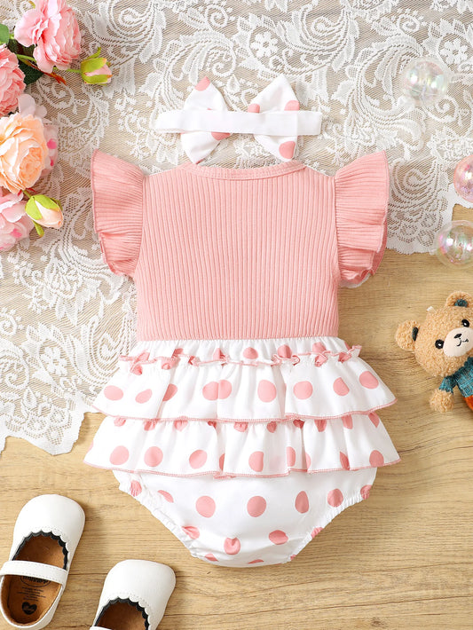 Polka Dot Flying Sleeve Cartoon Bear Overall Dress