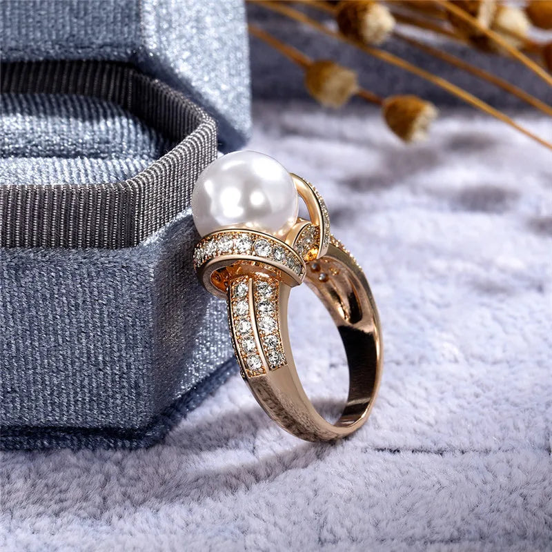 925 Sterling Silver Pearl Gold Shiny CZ Romantic Ring
