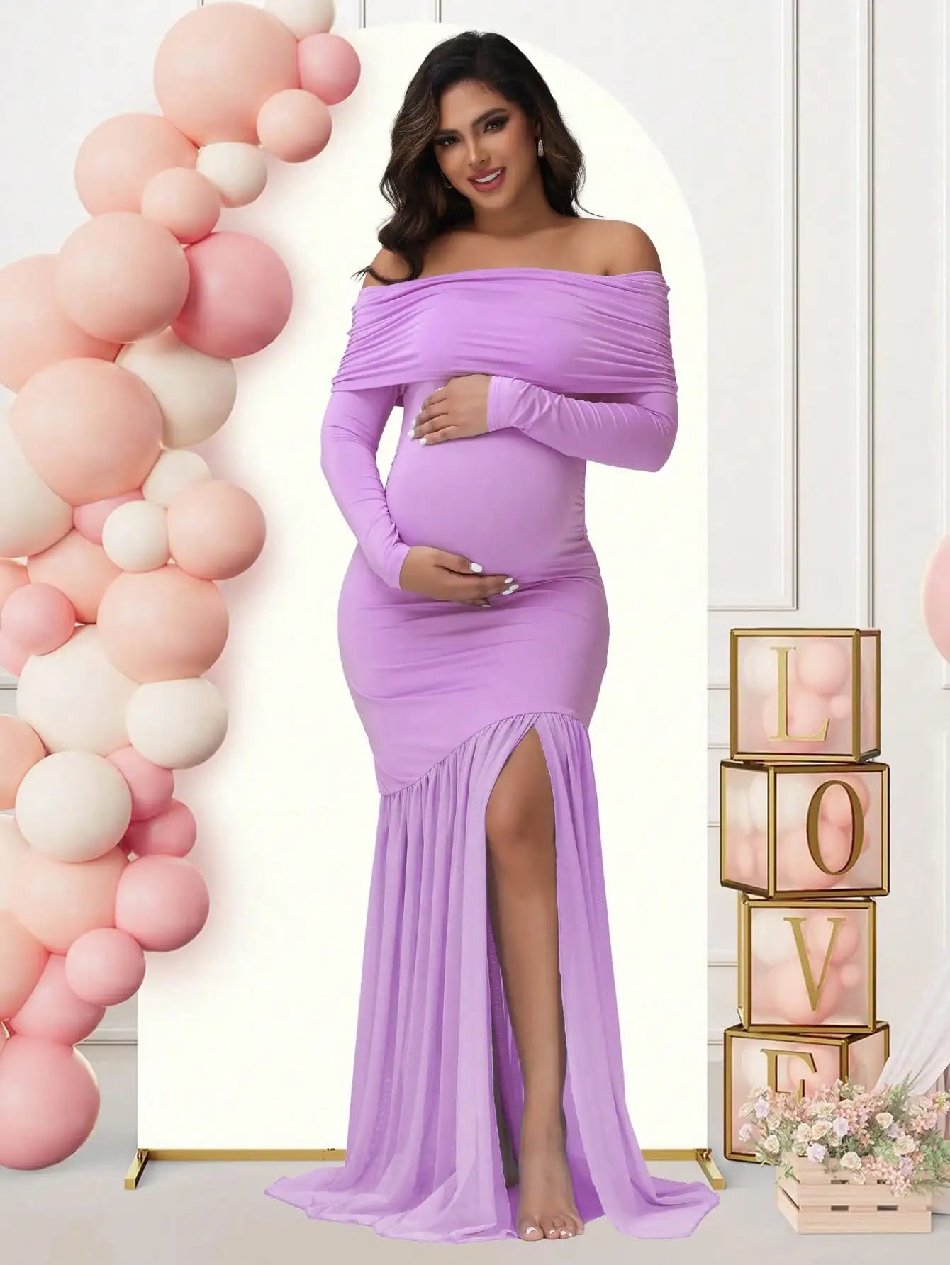 Maternity Off-Shoulder Slits Fishtail Hem For Pregnant